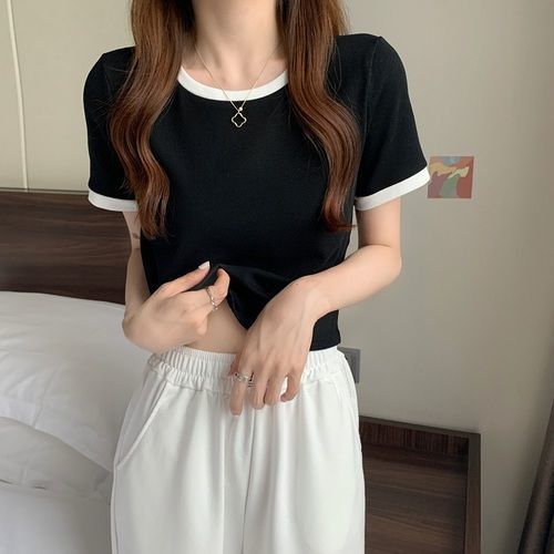 撞色圆领短袖t恤女2024年新款夏季打底衫韩版修身短款学生上衣潮