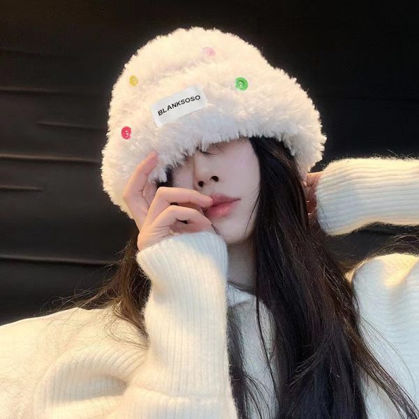 冬季帽子加厚百搭保暖纽扣绒绒堆堆帽冷帽大头围显脸小针织保暖帽