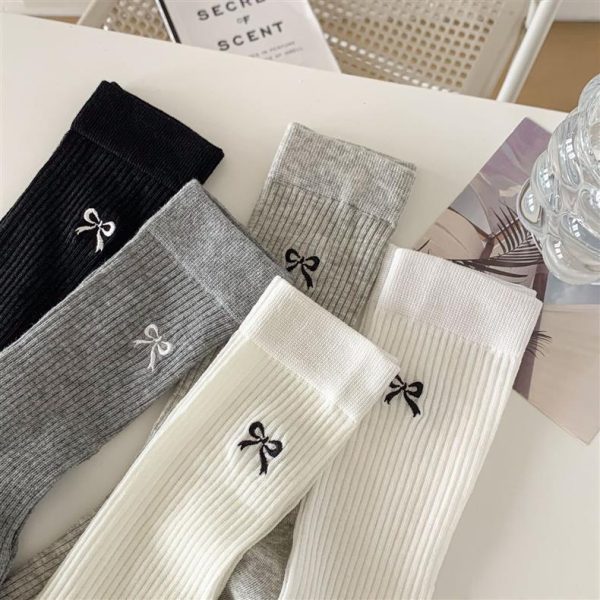 袜子女 春夏新款ins纯色堆堆袜百搭蝴蝶结时尚潮流女袜涤棉中筒袜