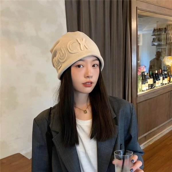 秋冬帽子女日系针织帽显脸小毛线帽网红字母冷帽加绒包头帽堆堆帽