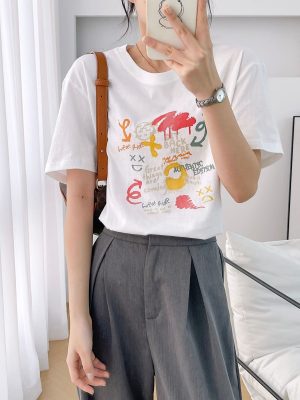 潮牌纯棉短袖t恤女夏季圆领半袖宽松上衣白色外贸女装印花T恤衣服