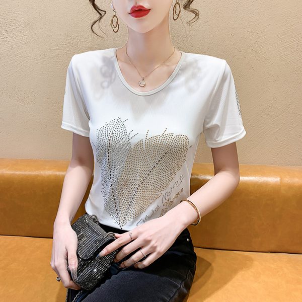 欧货圆领爱心羽毛短袖t恤女2024夏款重工烫钻舒适修身洋气小衫ins