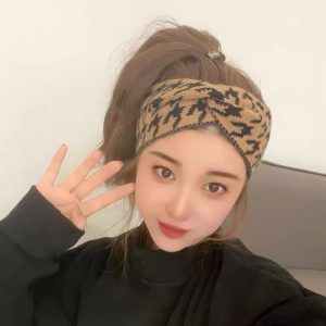 千鸟格秋冬季发箍蝴蝶结头饰保暖户外月子防风发箍