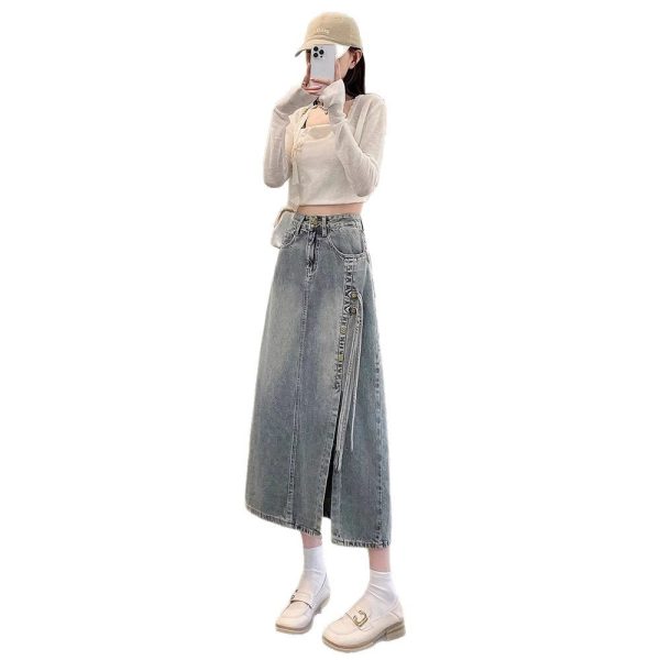 开叉复古牛仔半身裙女2025年春装新款高腰显瘦a字裙中长款包臀裙