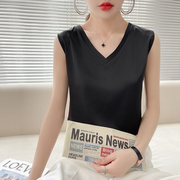 丝绸吊带背心女内搭打底配西装桑蚕丝缎面24夏V领白色外穿小吊带
