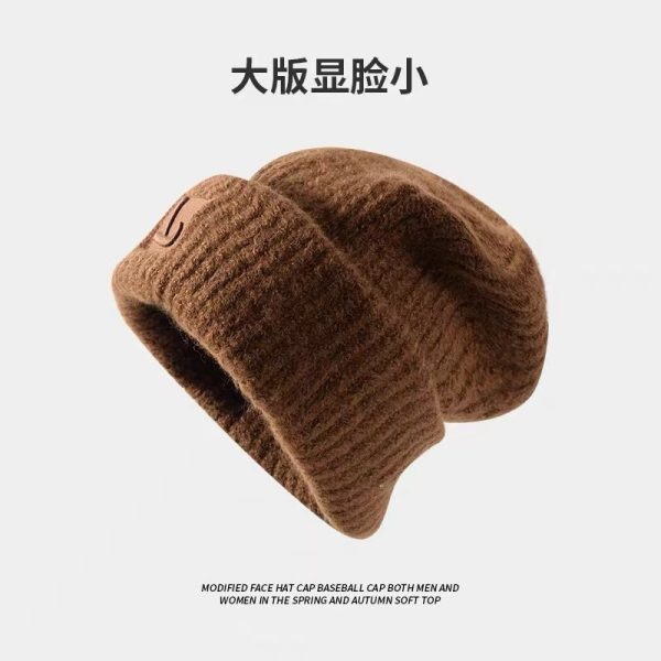 针织粗毛线帽子女秋冬季2023新款保暖大头围显脸小冷帽护耳堆堆帽