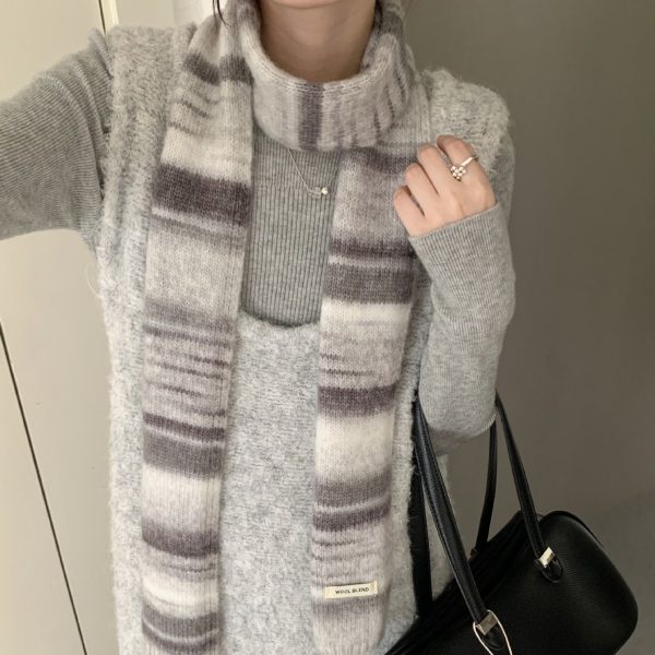 新款秋冬彩虹条纹羊毛混纺围巾女小众细长针织撞色渐变百搭潮围脖