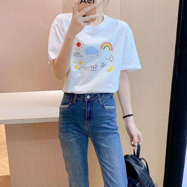 潮牌纯棉短袖t恤女夏季圆领半袖宽松上衣白色外贸女装印花T恤衣服