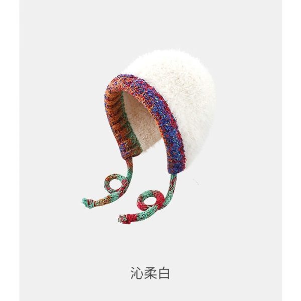 民族风条纹拼接针织毛线帽秋冬女加厚保暖防寒护耳套头帽雷锋帽