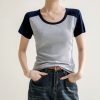 凉感螺纹撞色圆领修身棉T恤女2024春夏新款高弹内搭显瘦上衣