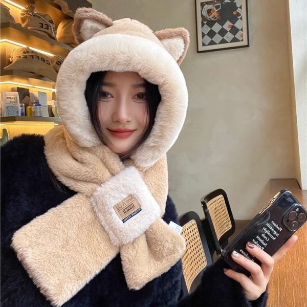 冬季帽子围巾一体女百搭可爱毛绒帽保暖冬天加厚防冻防风连帽围脖