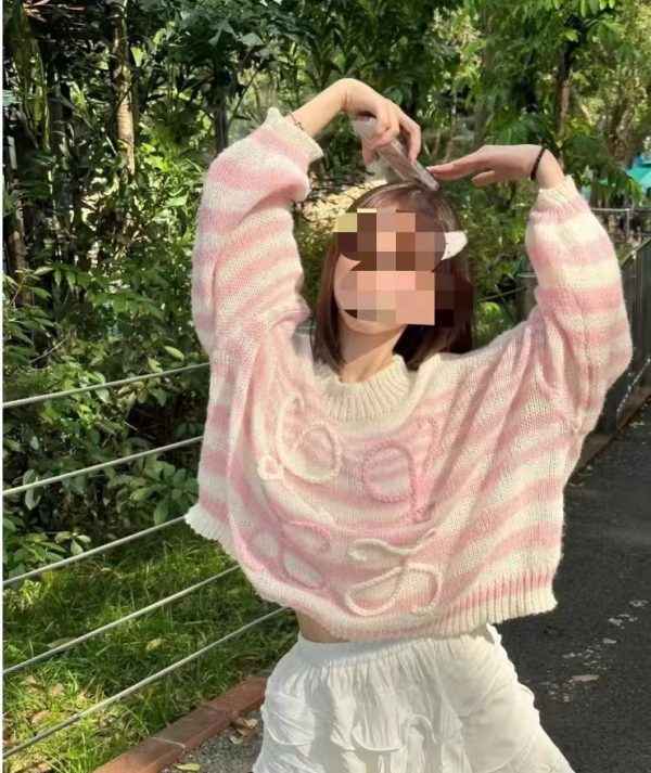 欧美新款女装2023春季网红同款彩虹撞色条纹毛衣女宽松套头针织衫