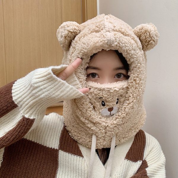 冬季可爱小熊围巾帽子保暖一体帽学生羊羔毛韩版女帽口罩毛绒帽