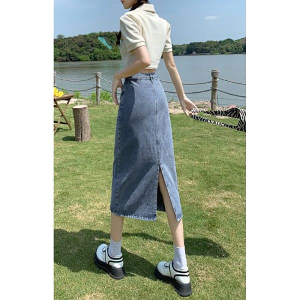高腰开叉牛仔半身裙女2025新款春秋款小个子a字半裙黑色包臀长裙