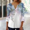 2023跨境欧美春夏时尚新款女装花卉印花V领短袖压褶纽扣T恤打底衫