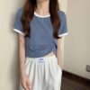 撞色圆领短袖t恤女2024年新款夏季打底衫韩版修身短款学生上衣潮