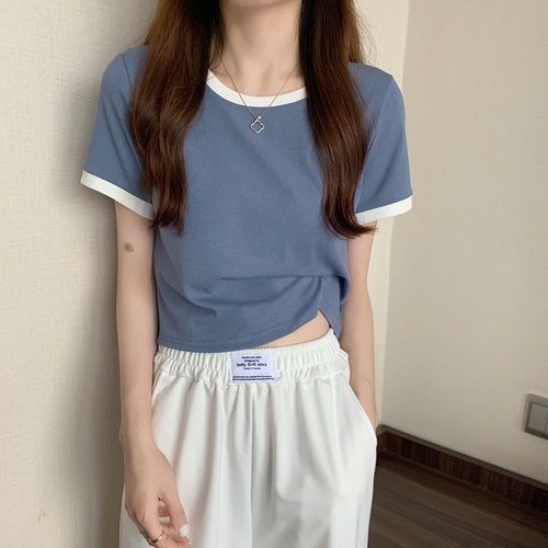 撞色圆领短袖t恤女2024年新款夏季打底衫韩版修身短款学生上衣潮