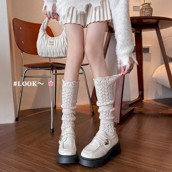 灰色花边袜子女秋冬小腿堆堆袜配鲨鱼裤的袜子保暖针织镂空长筒袜