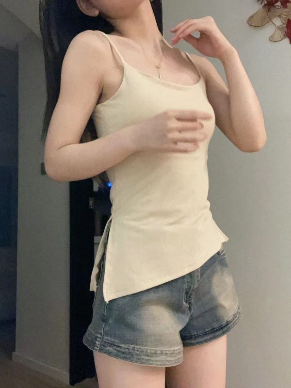 韩系复古港风一体式不规则斜开叉吊带背心纯色内搭上衣女