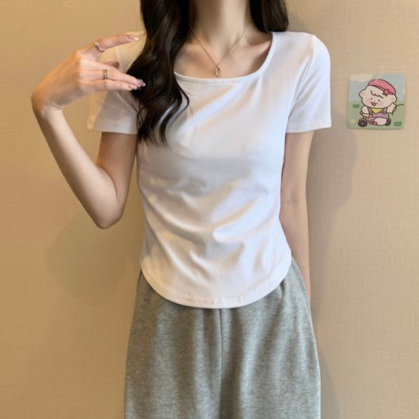 2024夏季设计感小众纯欲风甜辣妹u领正肩短袖t恤女不规则短款上衣