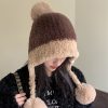 冬季防寒帽大头围毛绒挂球可爱护耳帽子女遮耳加绒加厚拼色针织帽