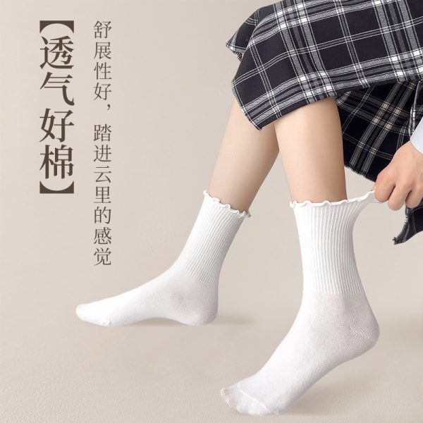 木耳边袜子女春季棉花边中筒袜潮日系风休闲棉袜白色堆堆袜诸暨