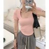 粉色U领正肩短袖t恤女夏新款甜辣修身显瘦不规则短款高腰露脐上衣