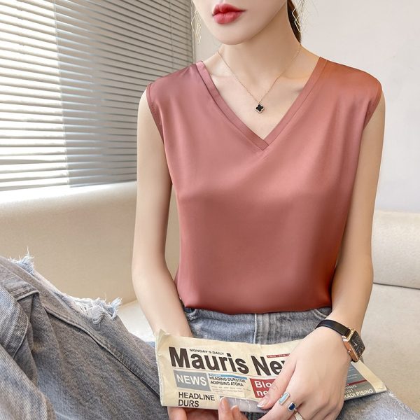 丝绸吊带背心女内搭打底配西装桑蚕丝缎面24夏V领白色外穿小吊带
