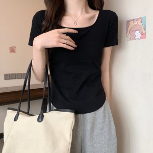 O1CN01Rl0AIt1VI85W5ZFN6_2201423292629-0-cib 2024夏季设计感小众纯欲风甜辣妹u领正肩短袖t恤女不规则短款上衣