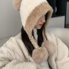 冬季防寒帽大头围毛绒挂球可爱护耳帽子女遮耳加绒加厚拼色针织帽