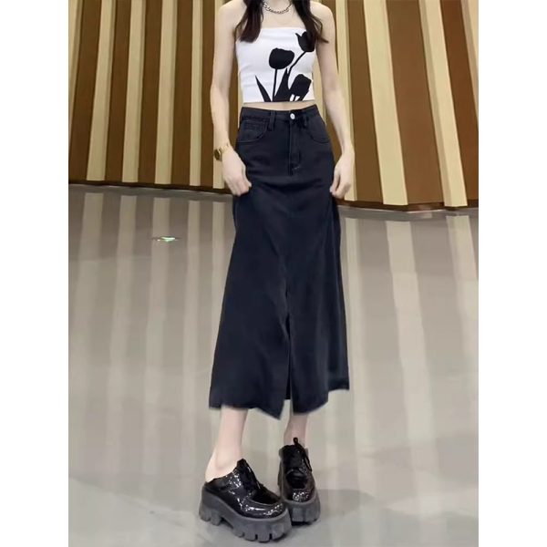 黑色天丝开叉牛仔半身裙女夏季薄款高腰垂感中长款包臀冰丝a字裙