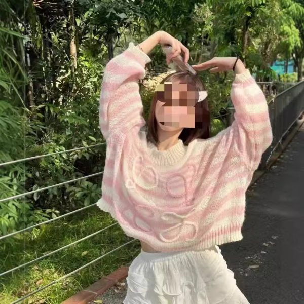 欧美新款女装2023春季网红同款彩虹撞色条纹毛衣女宽松套头针织衫