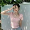 粉色U领正肩短袖t恤女夏新款甜辣修身显瘦不规则短款高腰露脐上衣