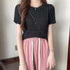 复古圆领短袖t恤针织衫女装薄款2024夏季设计感修身短款学生上衣
