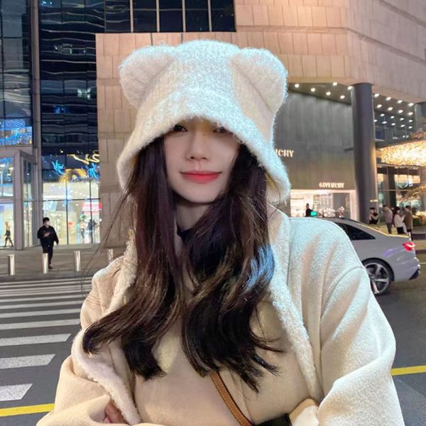 可爱小熊新款秋冬保暖女孩显脸小护耳毛线日韩系百搭针织冬季帽子