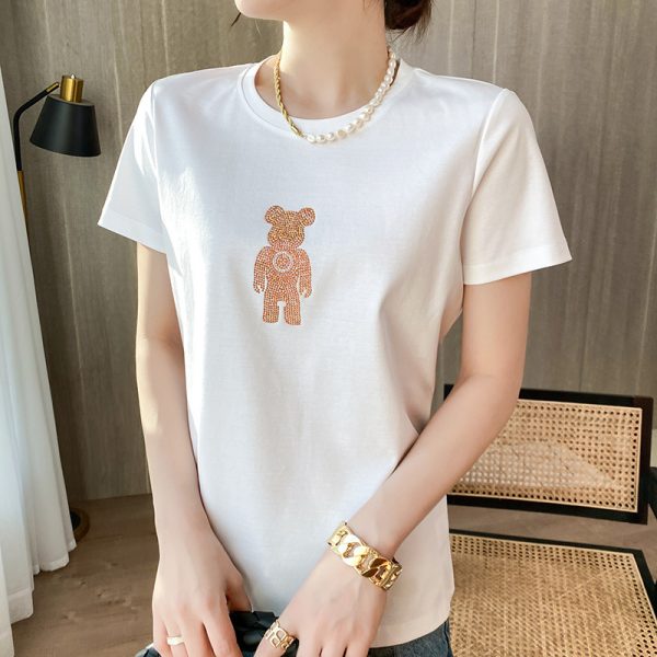 新款圆领白色丝光棉t恤女短袖烫钻印花100%纯棉80支精梳棉半袖上