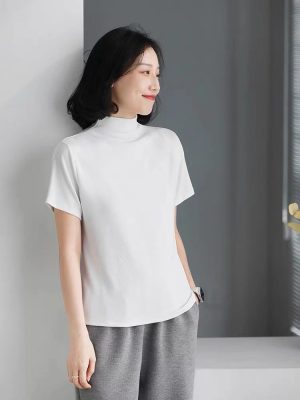 春季新款 弹力短袖女半高领文艺纯色修身显瘦休闲百搭T恤9227