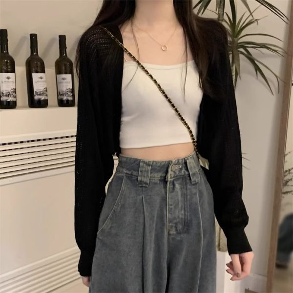 夏季小坎肩短款镂空开衫女薄款披肩外搭长袖针织衫罩衫小个子外套