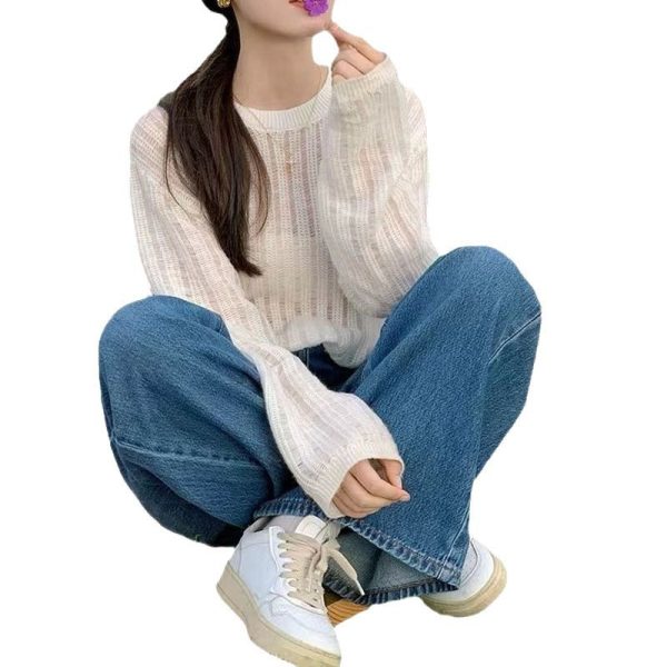 2025新款温柔风韩系上衣慵懒设计感小众女白色针织罩衫长袖针织衫