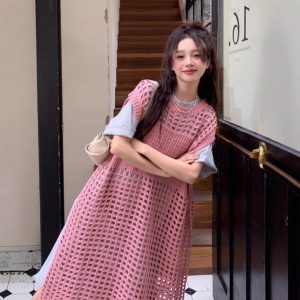法式纯色镂空针织毛衣裙女春季中长款宽松无袖背心外搭叠穿连衣裙