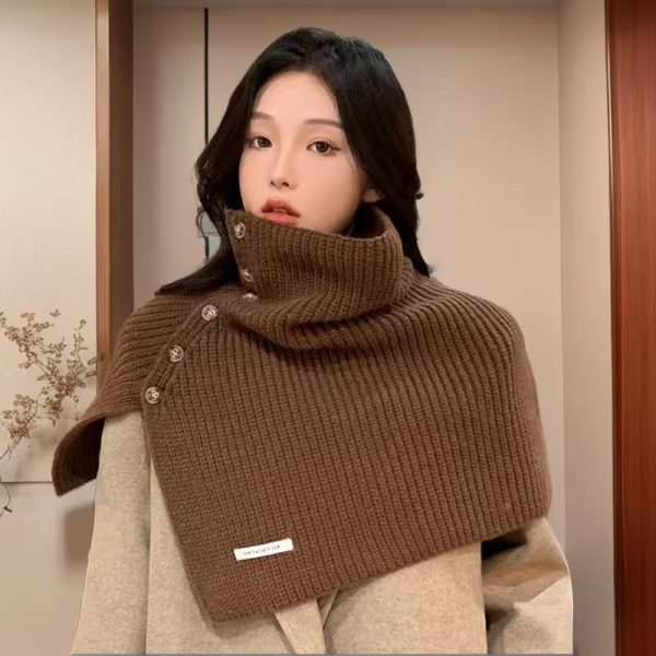 开叉纽扣高领套头披肩女秋冬季百搭保暖防寒外搭装饰针织毛线围巾