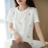 新款圆领白色丝光棉t恤女短袖烫钻印花100%纯棉80支精梳棉半袖上