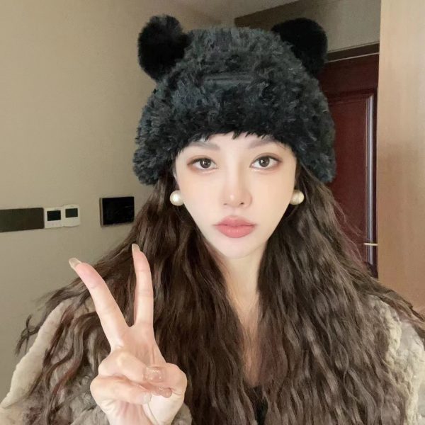 大头围软糯可爱小熊耳朵毛绒帽女秋冬季保暖显脸小宽松甜美护耳帽