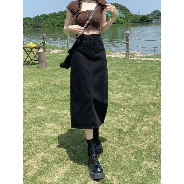 高腰开叉牛仔半身裙女2025新款春秋款小个子a字半裙黑色包臀长裙