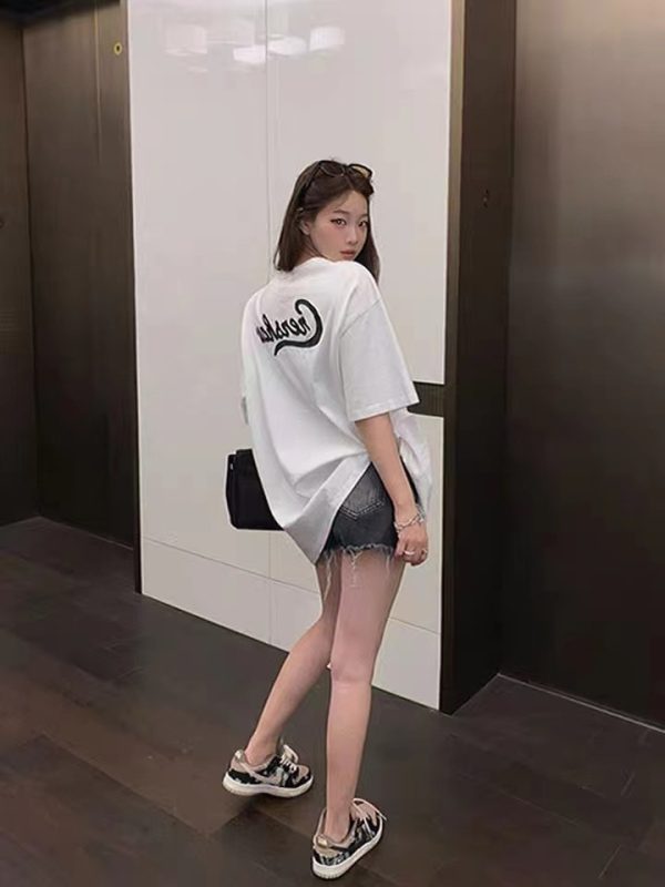 纯棉韩版宽松女装时尚穿搭短袖上衣中长款别致设计感字母t恤女潮