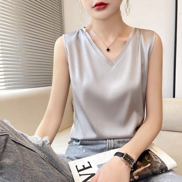 丝绸吊带背心女内搭打底配西装桑蚕丝缎面24夏V领白色外穿小吊带