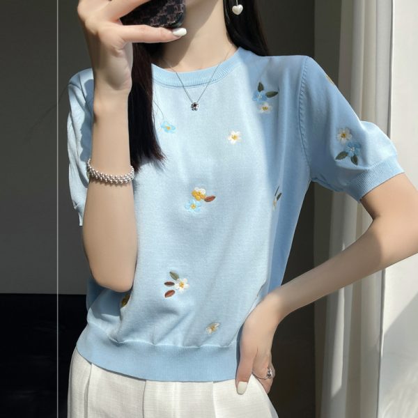 2024春夏新款甜美减龄刺绣女圆领冰丝针织短袖T恤半袖上衣打底衫