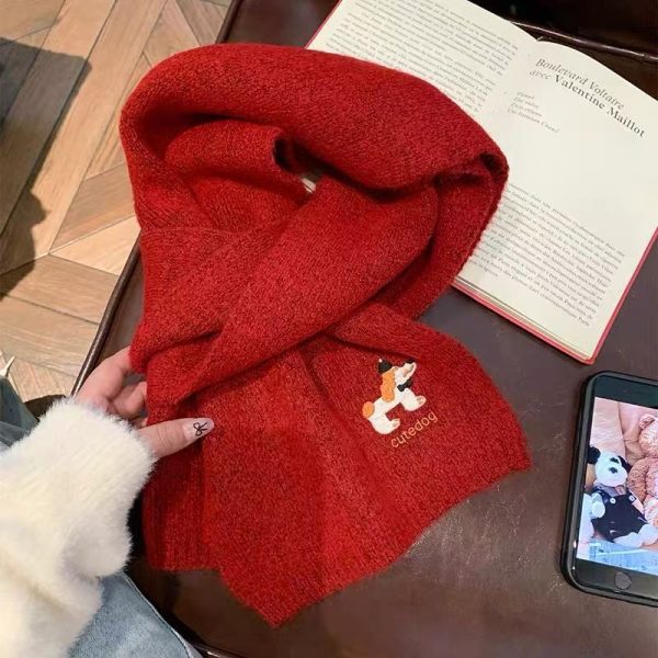 韩版可爱小狗针织羊毛围巾女冬季氛围感百搭刺绣保暖学生围脖护颈