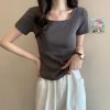 2024夏季设计感小众纯欲风甜辣妹u领正肩短袖t恤女不规则短款上衣