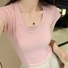 实拍正肩t恤女短袖夏季修身显瘦纯色基础款内搭打底衫紧身U领上衣
